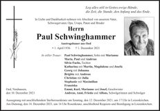 Traueranzeige Paul Schwinghammer