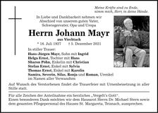Traueranzeige Johann Mayr