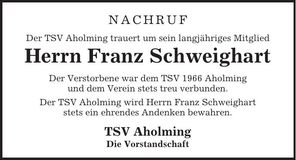 Traueranzeige Franz Schweighart