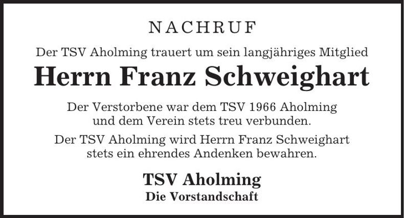 Traueranzeige Franz Schweighart