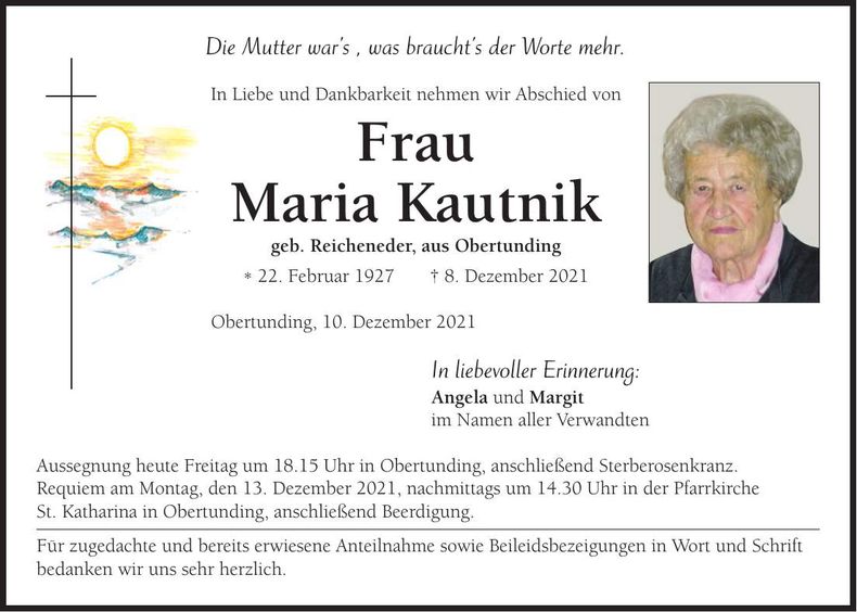 Traueranzeige Maria Kautnik