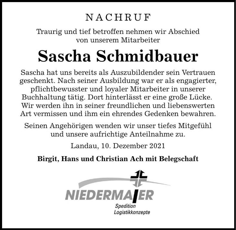 Traueranzeige Sascha Schmidbauer