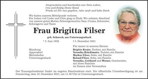 Traueranzeige Brigitta Filser