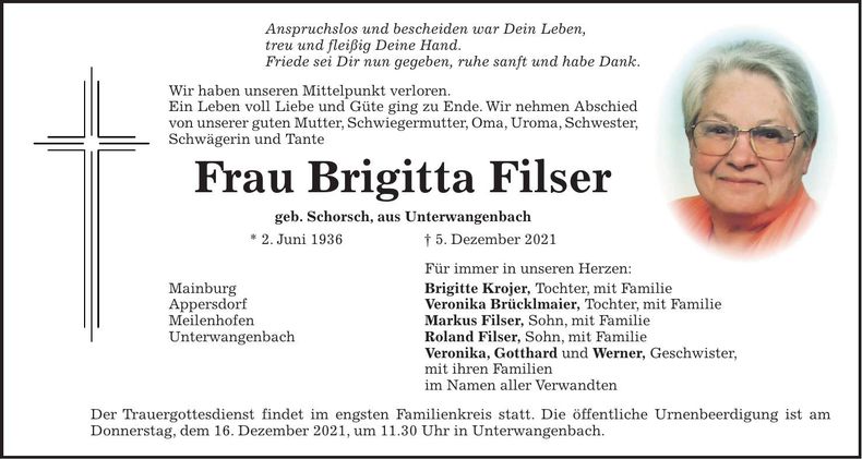 Traueranzeige Brigitta Filser