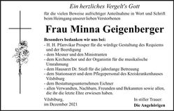 Traueranzeige Minna Geigenberger