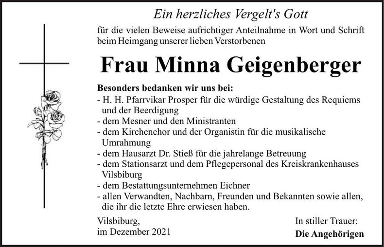 Traueranzeige Minna Geigenberger
