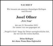 Traueranzeige Josef Oßner
