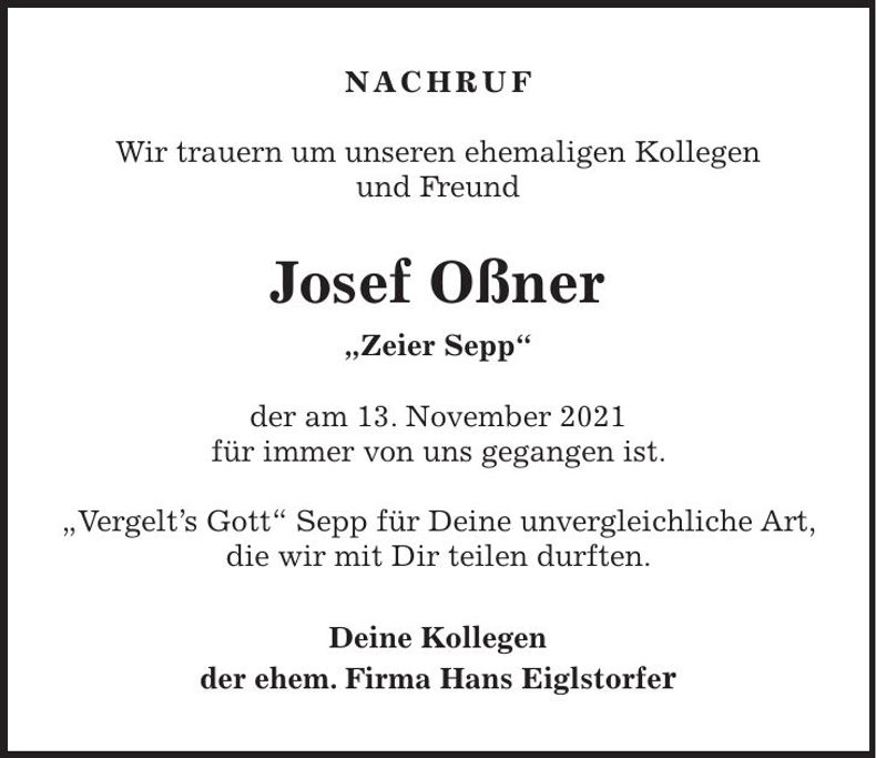 Traueranzeige Josef Oßner