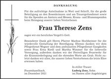 Traueranzeige Therese Zens