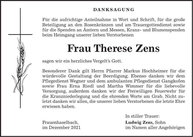 Traueranzeige Therese Zens