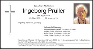 Traueranzeige Ingeborg Prüller