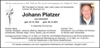 Traueranzeige Johann Platzer