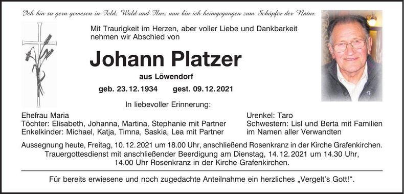 Traueranzeige Johann Platzer
