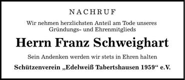 Traueranzeige Franz Schweighart