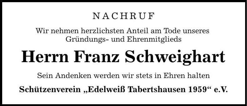 Traueranzeige Franz Schweighart