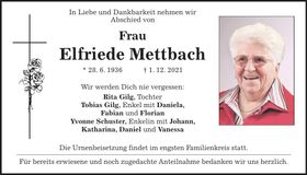 Traueranzeige Elfriede Mettbach