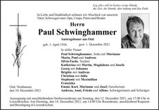 Traueranzeige Paul Schwinghammer