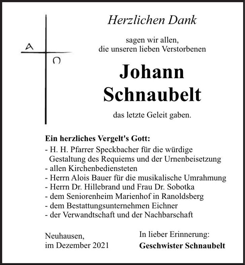 Traueranzeige Johann Schnaubelt