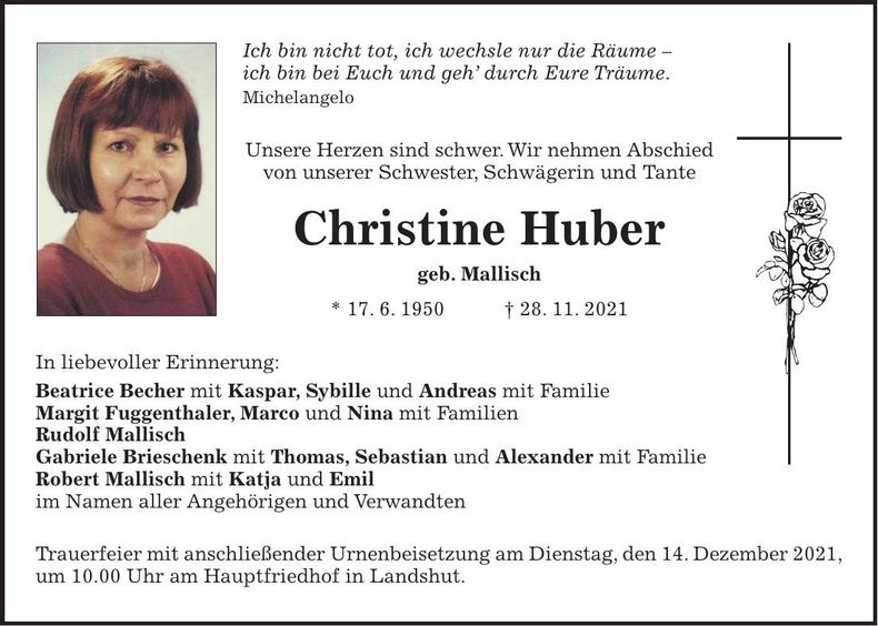 Traueranzeige Christine Huber
