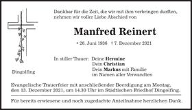 Traueranzeige Manfred Reinert