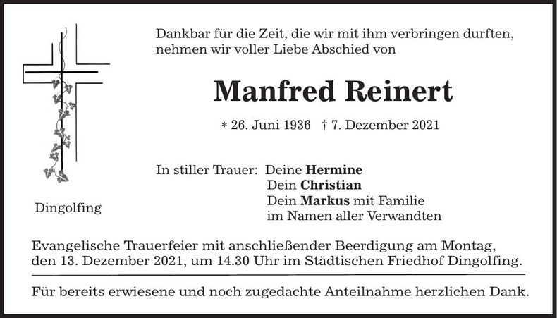 Traueranzeige Manfred Reinert