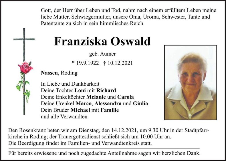 Traueranzeige Franziska Oswald