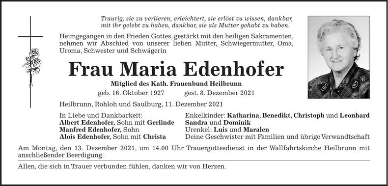 Traueranzeige Maria Edenhofer