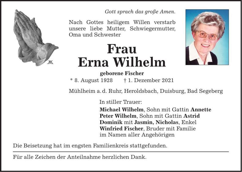 Traueranzeige Erna Wilhelm