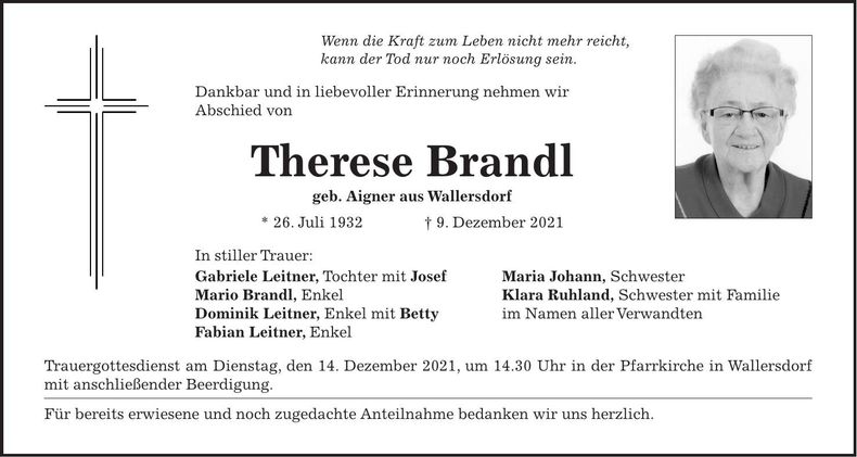 Traueranzeige Therese Brandl