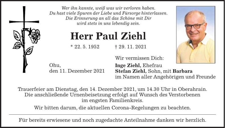 Traueranzeige Paul Ziehl