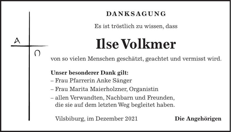 Traueranzeige Ilse Volkmer
