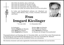 Traueranzeige Irmgard Kieslinger