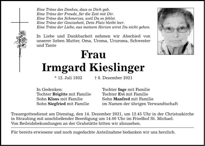 Traueranzeige Irmgard Kieslinger