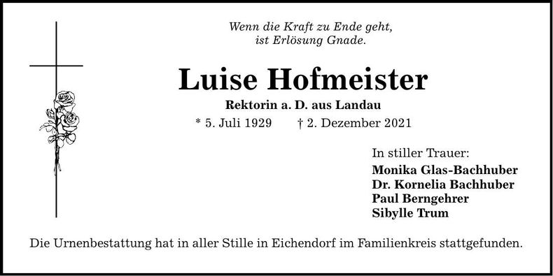 Traueranzeige Luise Hofmeister