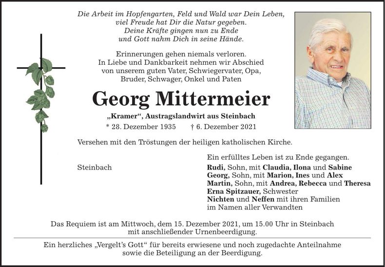 Traueranzeige Georg Mittermeier