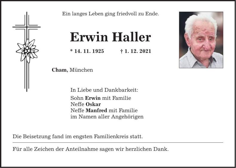 Traueranzeige Erwin Haller