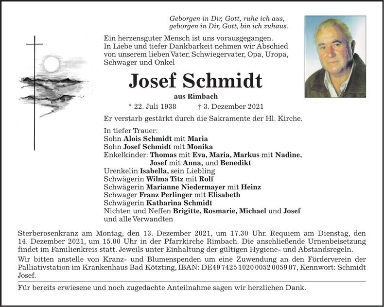 Traueranzeige Josef Schmidt