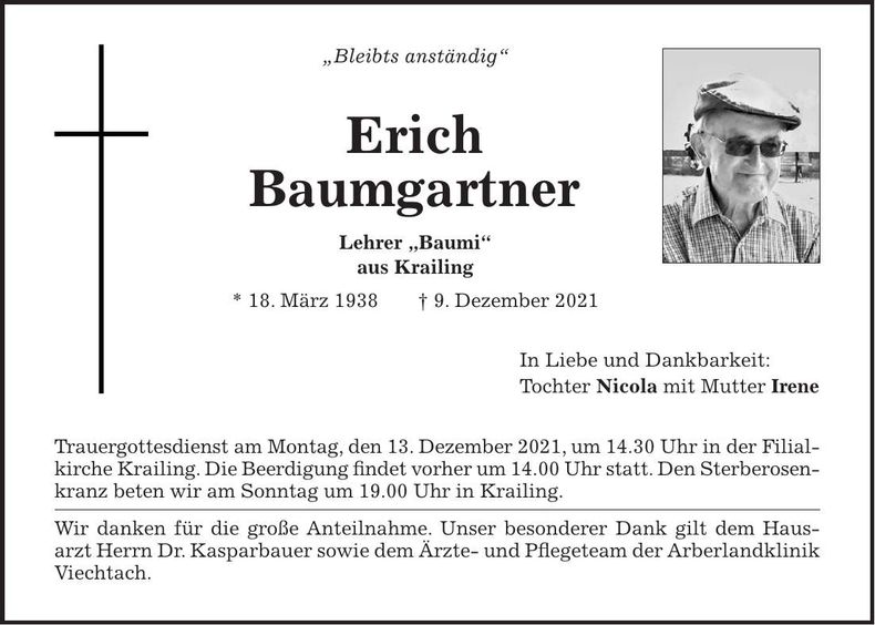 Traueranzeige Baumgartner Erich