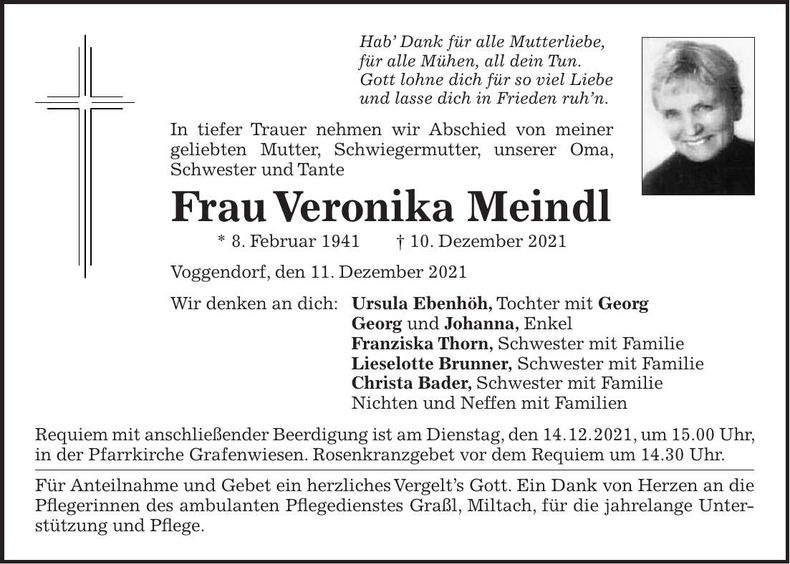 Traueranzeige Veronika Meindl