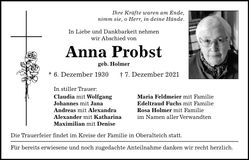 Traueranzeige Anna Probst