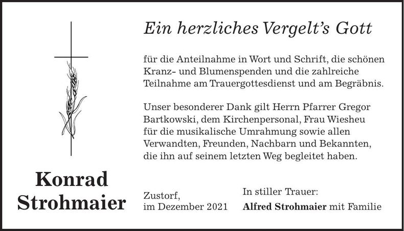 Traueranzeige Konrad Strohmaier