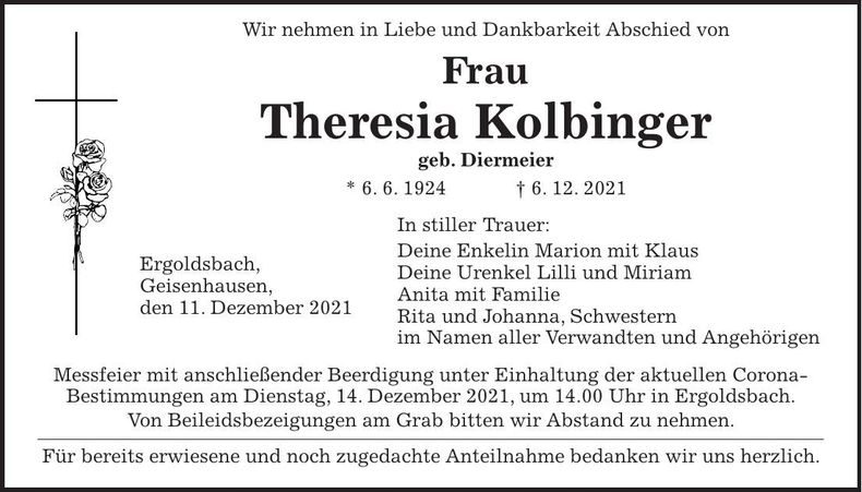 Traueranzeige Theresia Kolbinger