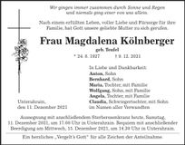 Traueranzeige Magdalena Kölnberger