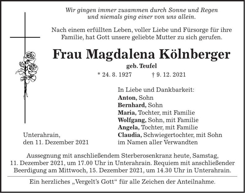 Traueranzeige Magdalena Kölnberger