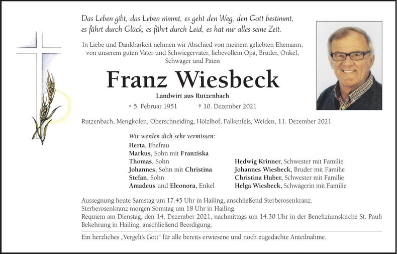 Traueranzeige Franz Wiesbeck
