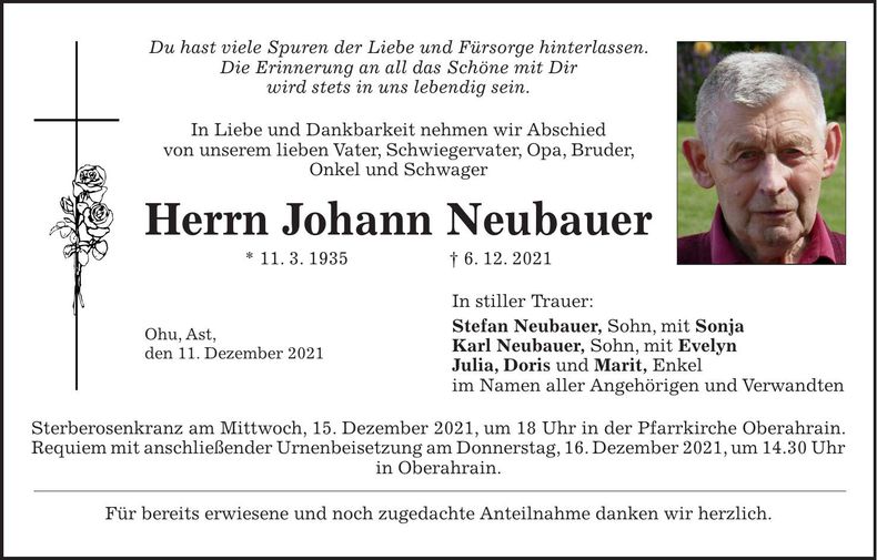 Traueranzeige Johann Neubauer