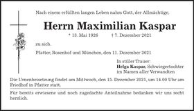 Traueranzeige Maximilian Kaspar