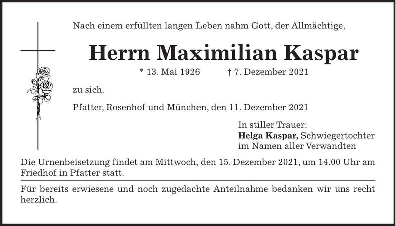 Traueranzeige Maximilian Kaspar
