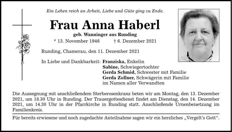 Traueranzeige Anna Haberl