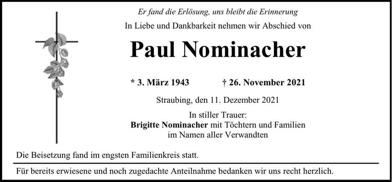 Traueranzeige Paul Nominacher